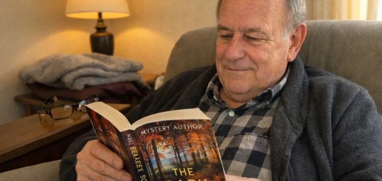 An illustrative image of a father in his early 70s sitting in an armchair reading a paperback comfortably