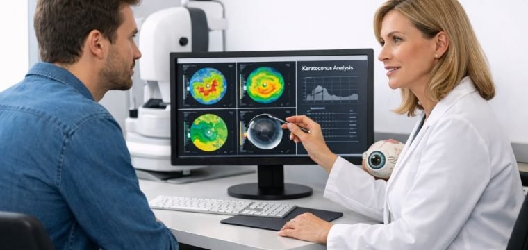 An illustrative image of a patient seated with an eye specialist in a contemporary consultation room