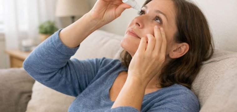 An illustrative image of a person sitting comfortably at home using lubricating eye drops