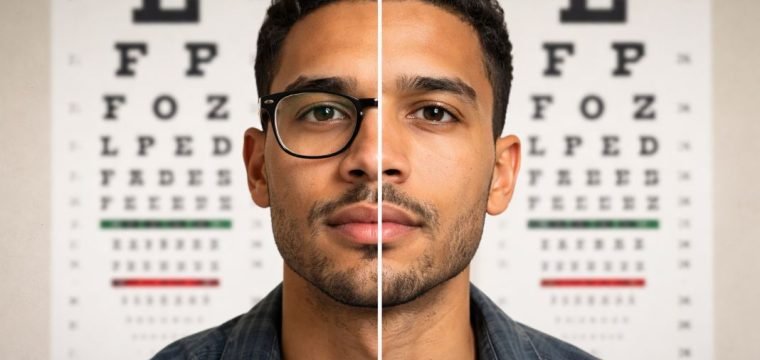 An illustrative image of a split scene showing a man wearing glasses on one side and without on the other