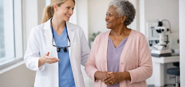 An illustrative image of a surgeon walking through a bright contemporary clinic