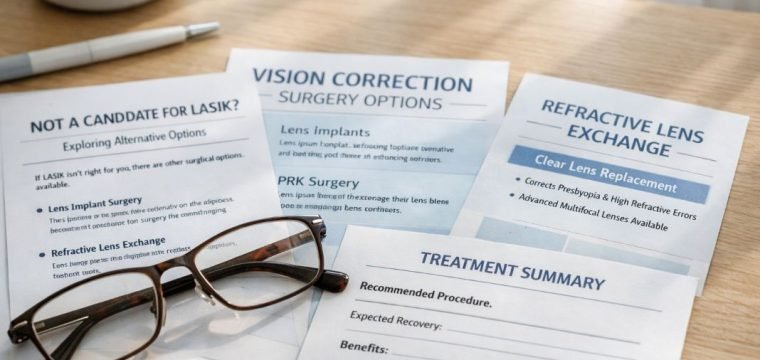 An illustrative image of printed vision correction notes treatment leaflets