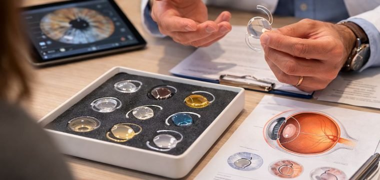 An illustrative image of sample intraocular lens and implantable contact lens models
