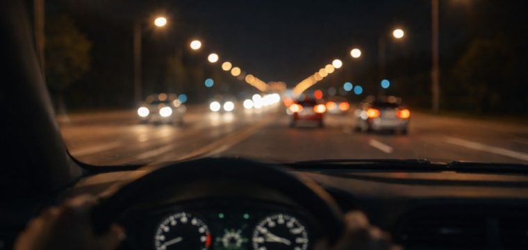 An illustrative image showing streetlights and headlights with subtle streaking or blur to suggest astigmatism