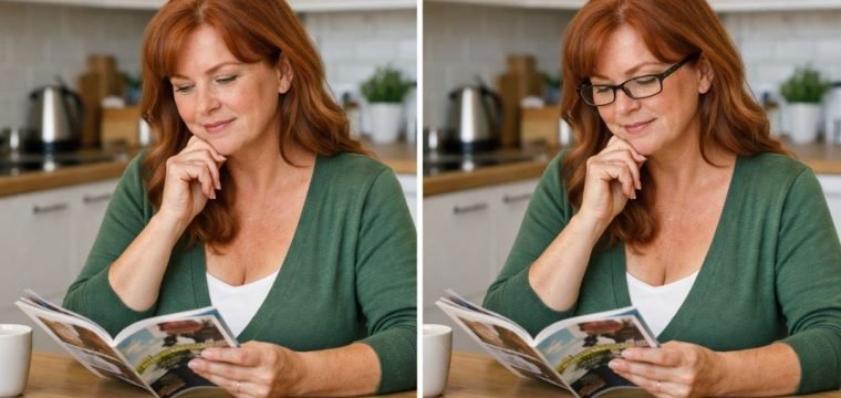 an illustrative image comparing reading a magazine with and without reading glasses