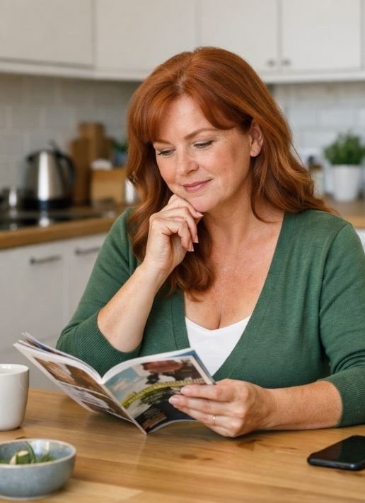 A woman in her fifties reading a magazine at her kitchen table, no glasses in sight.