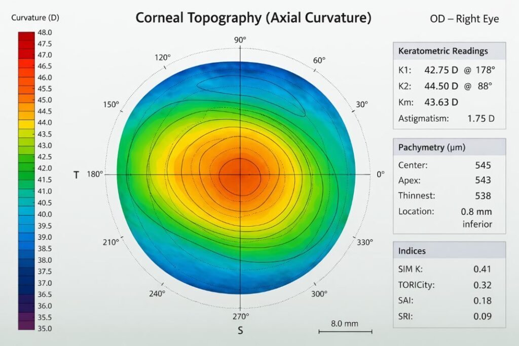 A corneal topography scan, the map that shows whether keratoconus is progressing.