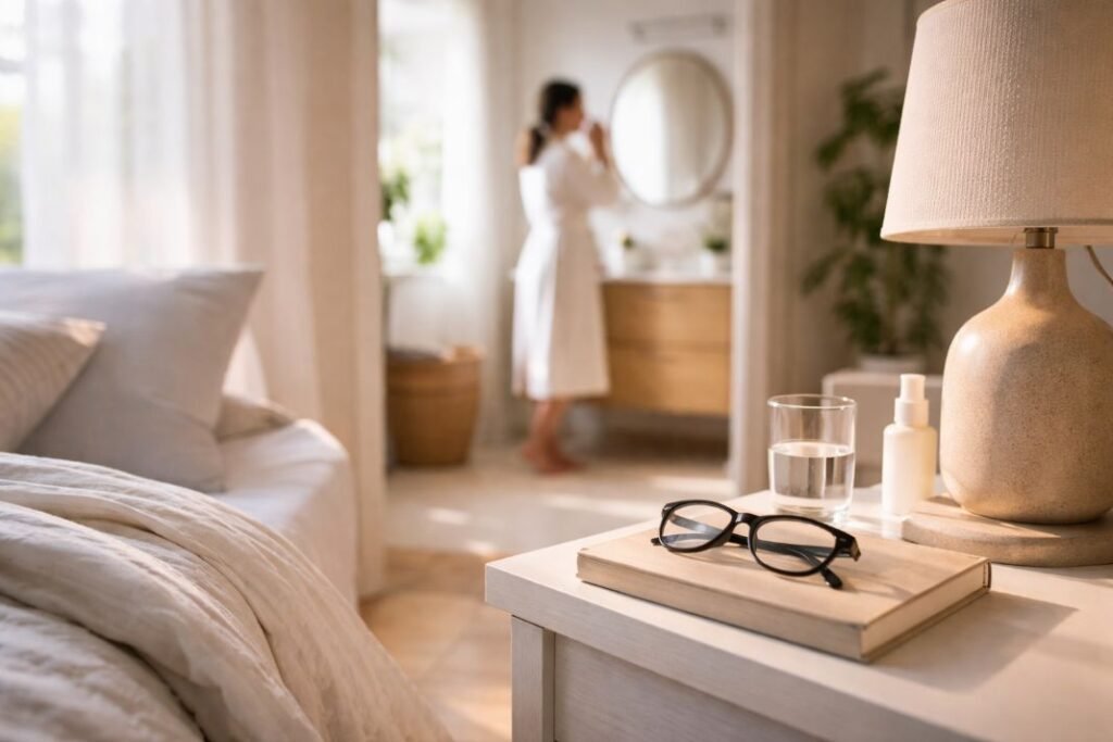 A sunlit bedroom morning, glasses left unused on the bedside table.