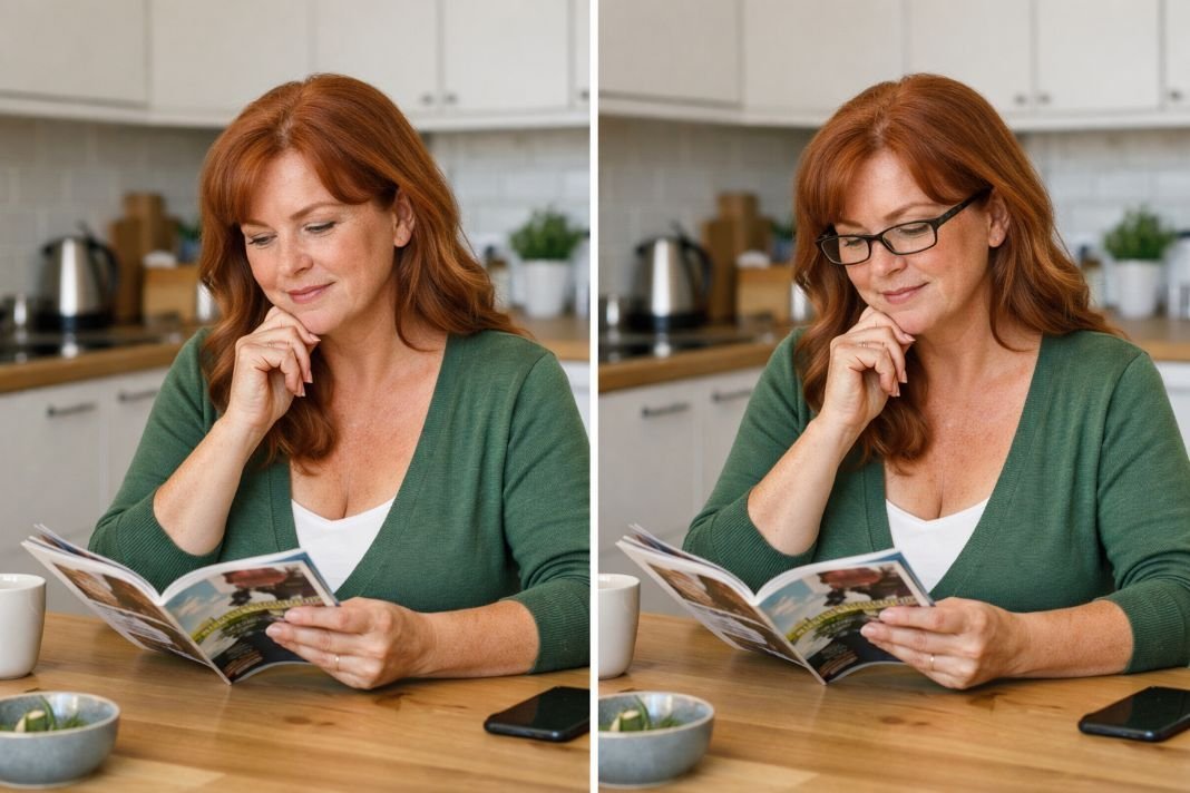 The same woman reading a magazine, with reading glasses and without.