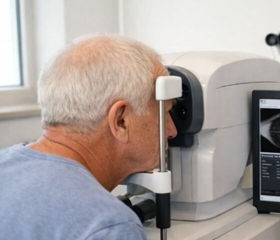 A patient sitting at the laser with his chin on the rest, ready for YAG capsulotomy.