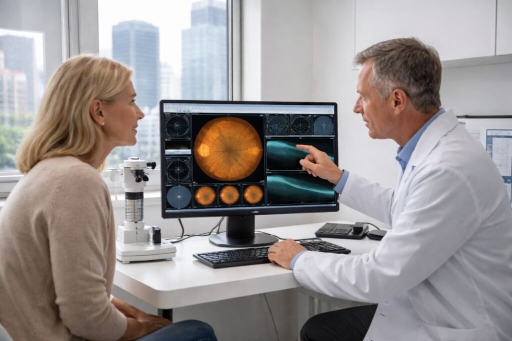An illustrative image of a patient and an ophthalmologist in a clinic consultation room reviewing eye scan results together