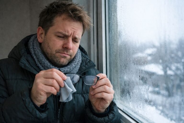 An illustrative image of a person trying to clean steamed up glasses while standing by a window on a cold day