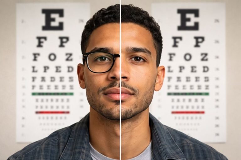 An illustrative image of a split scene showing a man wearing glasses on one side and without on the other