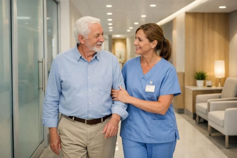 An illustrative image of a staff member guiding an older patient through a clinic corridor