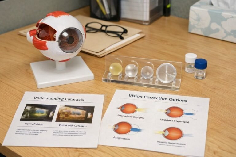 An illustrative image of an eye model sample intraocular lenses and printed vision correction information