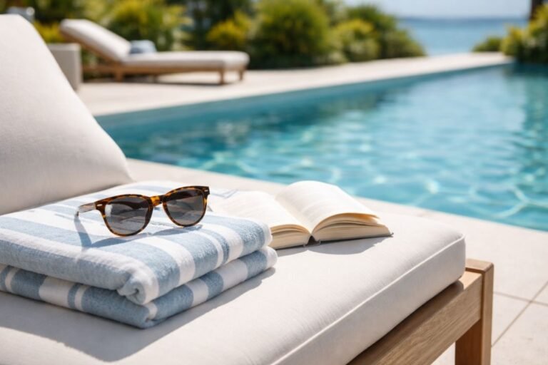 An illustrative image of a bright poolside or leisure setting with sunglasses a towel and a book placed on a chair or lounger
