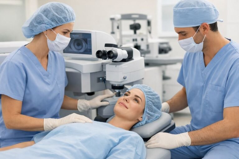 An illustrative image of a patient being calmly prepared for LASIK surgery