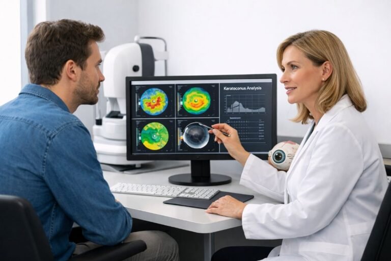 An illustrative image of a patient seated with an eye specialist in a contemporary consultation room