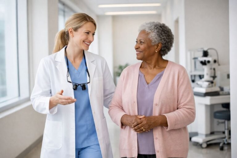 An illustrative image of a surgeon walking through a bright contemporary clinic