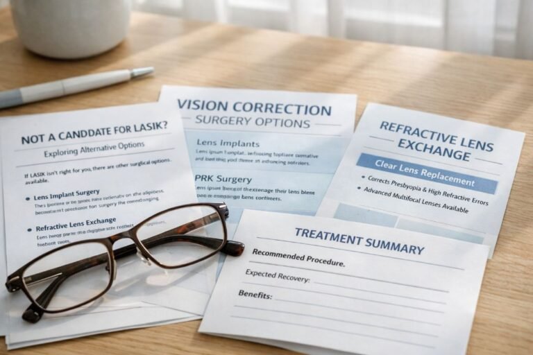 An illustrative image of printed vision correction notes treatment leaflets