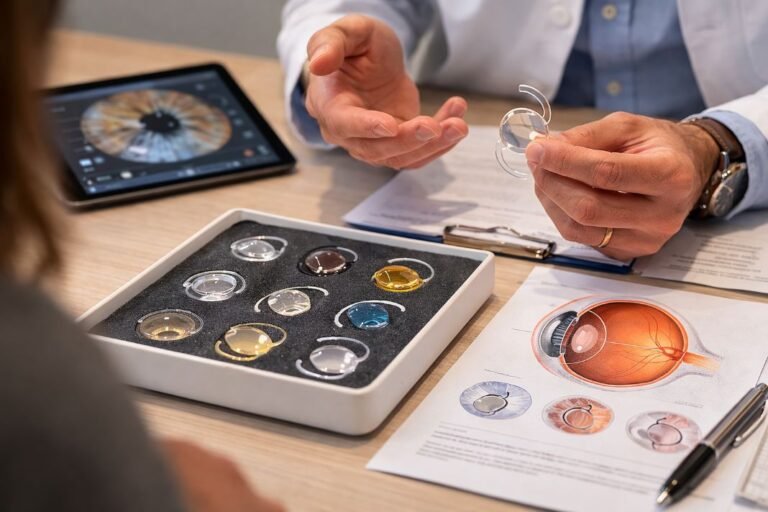 An illustrative image of sample intraocular lens and implantable contact lens models