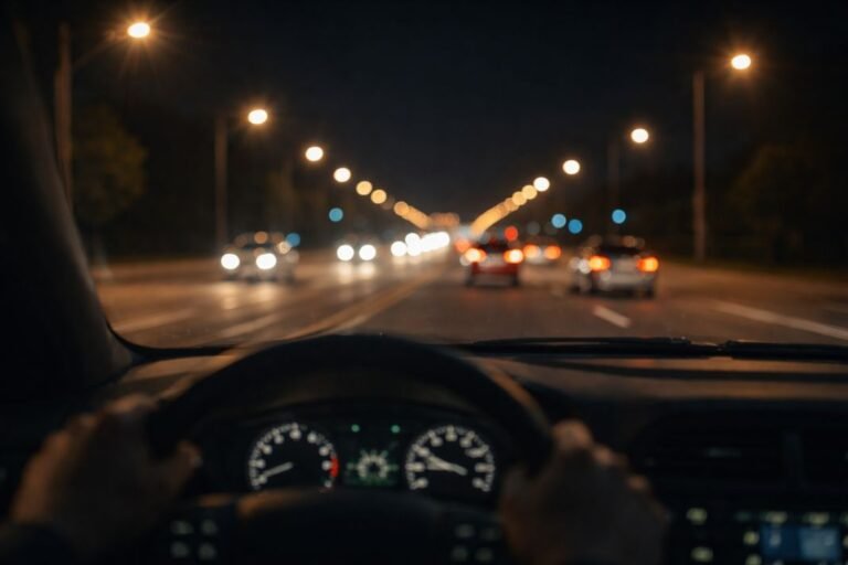 An illustrative image showing streetlights and headlights with subtle streaking or blur to suggest astigmatism