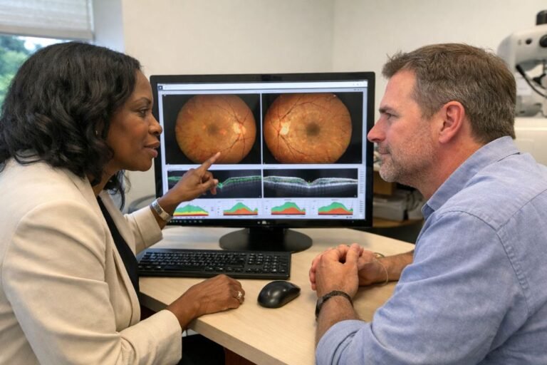 An illustrative image of a consultant and a patient reviewing digital scan images of eyes on a large computer screen