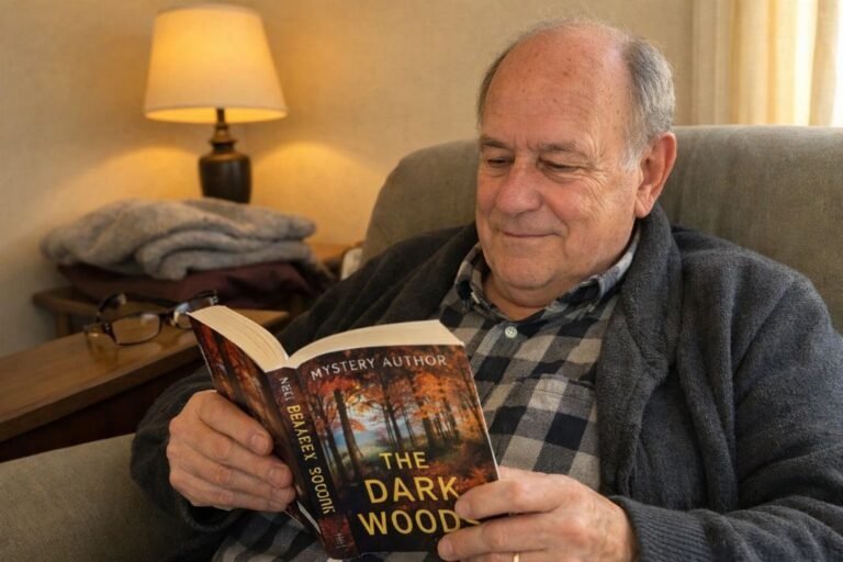 An illustrative image of a father in his early 70s sitting in an armchair reading a paperback comfortably