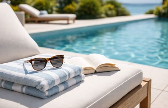 An illustrative image of a bright poolside or leisure setting with sunglasses a towel and a book placed on a chair or lounger