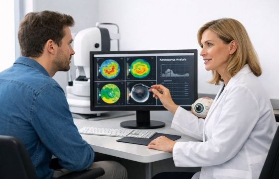 An illustrative image of a patient seated with an eye specialist in a contemporary consultation room