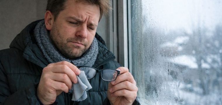 An illustrative image of a person trying to clean steamed up glasses while standing by a window on a cold day