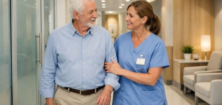 An illustrative image of a staff member guiding an older patient through a clinic corridor