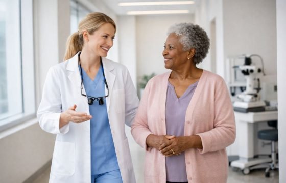 An illustrative image of a surgeon walking through a bright contemporary clinic