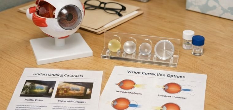 An illustrative image of an eye model sample intraocular lenses and printed vision correction information