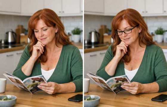 an illustrative image comparing reading a magazine with and without reading glasses